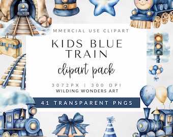 Tren azul de acuarela para niños, clipart para uso comercial, clipart de cumpleaños de niño, clipart de baby shower, ferrocarril, tren infantil PNG, tren de vapor