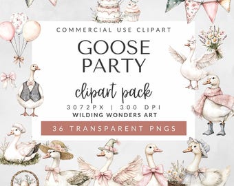 Goose Party Clipart Pack for Commercial Use, Silly Goose, Vintage Cottagecore, Baby Shower, Birthday Party, Wildflowers, DIGITAL DOWNLOAD