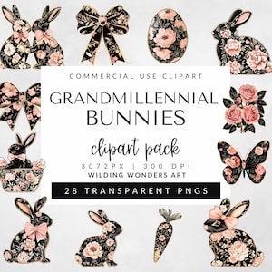 Grandmillennial Bunnies Clipart Pack voor commercieel gebruik, Easter Bunny PNG, Coquette Bunny, Chinoiserie Rabbit, Floral Toile Easter Clipart