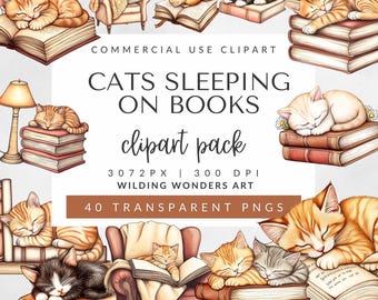 Cats Sleeping on Books Clipart Pack for Commercial Use, Watercolor Cats, Cozy Library PNGs, Cat lover Graphics, Book Worm, DIGITAL DOWNLOAD
