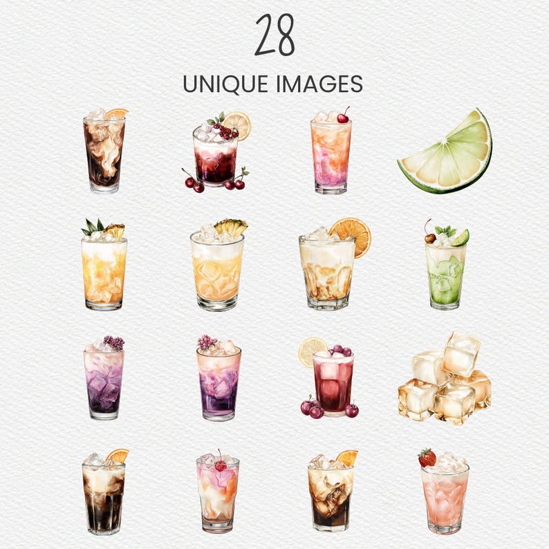 A watercolor-style dirty soda clipart pack featuring 28 unique drink and fruit illustrations. Includes a variety of colorful soda combinations with ice, cream, citrus, berries, and garnishes. Files are high-resolution 300 DPI PNGs with transparent backgrounds for easy layering and design use. Suitable for menus, party decor, invitations, digital products, and creative projects.