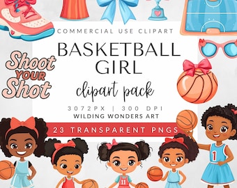 Basketball Girl Clipart Pack for Commercial Use, Cartoon Black Girl PNGs, Basketball Jersey & Shoes, Teacher Graphics, DIGITAL DOWNLOAD
