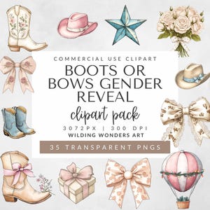 Paquete de imágenes prediseñadas de revelación de género de botas y lazos para uso comercial, botas de vaquera PNG, lazo de coqueta, imágenes prediseñadas de vaquera costera, diseños de sublimación