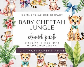 Paquete de imágenes prediseñadas de guepardos bebés de la selva para uso comercial: imágenes PNG de leopardo en acuarela, animales de safari (descarga digital)
