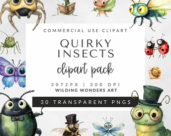 Imágenes prediseñadas de acuarela de insectos extravagantes para uso comercial, gráficos de insectos extravagantes, imagen de libélula, oruga PNG, hormigas PNG, mariquita PNG