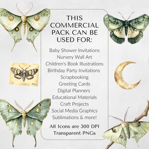 Graphic listing possible uses for the Luna Moth clipart including baby shower invitations, wall art, sublimation, planners, and more, surrounded by moth illustrations.
