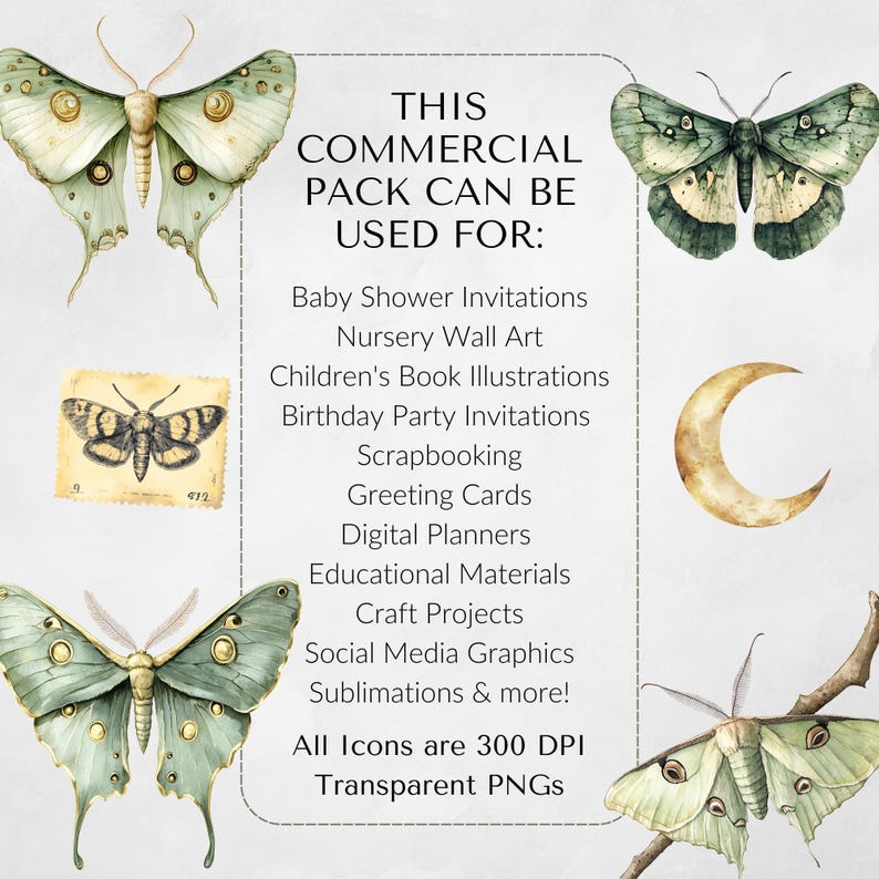 Graphic listing possible uses for the Luna Moth clipart including baby shower invitations, wall art, sublimation, planners, and more, surrounded by moth illustrations.