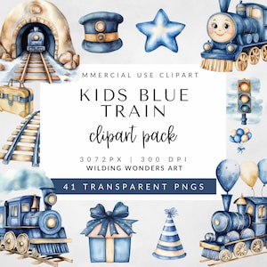 Imágenes prediseñadas de tren azul de acuarela para niños para uso comercial, imágenes prediseñadas de cumpleaños de niño, imágenes prediseñadas de baby shower, ferrocarril, tren para niños PNG, tren de vapor