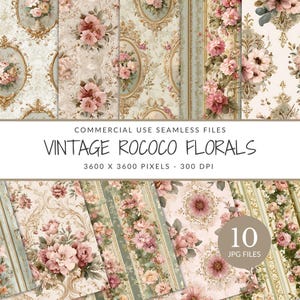 Vintage rococo naadloos bloemmotiefpakket voor commercieel gebruik, vintage plakboekpapier, afdrukbare digitale illustraties (direct downloaden)