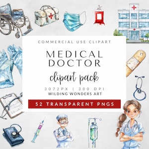 Medical Doctor Clipart for Commercial Use, Watercolor Images, Hospital Graphics, Healthcare Clipart, Doctor, Nurse, PNG Transparent Images