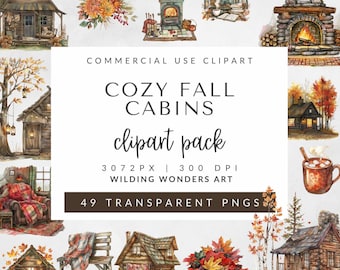 Watercolor Cozy Fall Cabin Clipart Pack for Commercial Use, Autumn Scene, Cottagecore, Rustic Country Home, Holiday Clipart, PNG