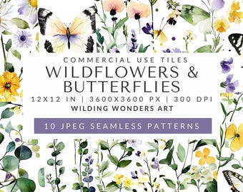Wildflowers & Butterflies Seamless Pattern Backgrounds, Watercolor Floral Digital Paper, Pastel Flowers, Repeat Pattern, DIGITAL DOWNLOAD