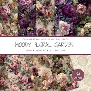 Moody Floral Seamless Pattern Pack for Commercial Use, Dark Garden Florals, Vintage Textures (Digital Download)