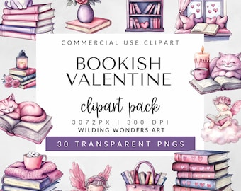 Bookish Valentine Clipart Pack for Commercial Use, Valentine Clipart, Cat Sublimation Design, Retro Book PNG, Reading Cupid PNG