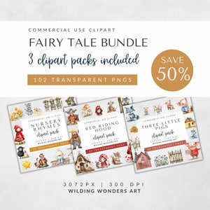 Watercolor Nursery Rhymes Clipart BUNDLE for Commercial Use, 132 Elements: 3 Packs Included, Fairy Tale Clipart, Kid Storybook Illustrations