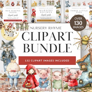 Ultimatives Kinderreim Clipart Paket für kommerzielle Nutzung, Aquarell Märchenbuch Illustration, Babyparty, drei kleine Schweinchen, Rotkäppchen