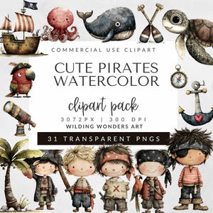 Pack de cliparts aquarelle pirates mignons pour usage commercial, clipart bateau pirate, garçon fille pirate, carte au trésor, téléchargement numérique