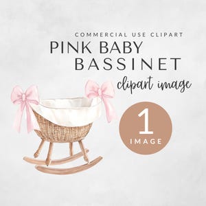 Pink Baby Bassinet Clipart Pack for Commercial Use, Watercolor Baby Shower Invite PNG, Preppy Bassinet, Vintage Baby Art, Nursery Decor