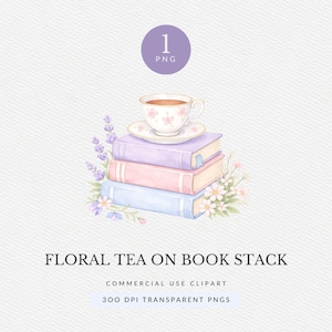 Blumen Tee auf Bücherstapel Clipart PNG, Teetasse Bücher Illustration, Pastell Blumen Teetasse Lese Grafik (Digitaler Download)