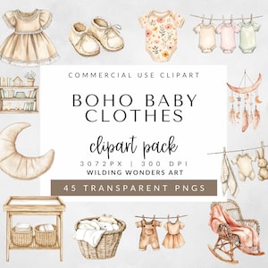 Baby Clothes Line Clipart Pack for Commercial Use, Baby Shower Clipart, Boho Baby Clothes, Gender Neutral, Watercolor Clipart, Newborn Decor