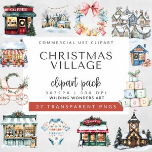 Christmas Village Clipart Pack for Commercial Use, Watercolor Christmas Storefronts, Cute Shop Clipart, Xmas Clipart Bundle, Winter Decor