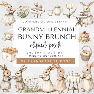 Pack de cliparts brunch grand millénaire pour usage commercial, coquette de Pâques, Pâques Cottagecore, clipart brunch café, téléchargement numérique