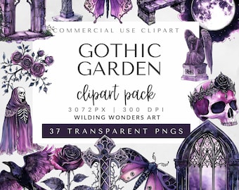 Gothic Garden Clipart Pack for Commercial Use, Watercolor Gothic Clipart, Gothic Cross Png, Gothic Rose, Halloween Clipart DIGITAL DOWNLOAD