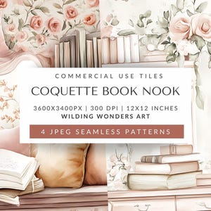 Coquette Book Nook Seamless Pattern Backgrounds, Coquette Book Repeating Pattern, Pink Digital Paper, Book Stack, DIGITAL DOWNLOAD
