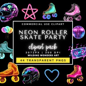 Neon Roller Skate Party Clipart, Neon Roller Skates, Skater Girl Art, Glow In The Dark Party Decor, Digital Download, Neon Birthday PNG