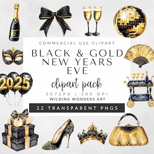Pack de cliparts noir et or pour usage commercial, graphismes de célébration, thème de fête, champagne, bonne année 2025, mascarade