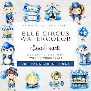 Blau Zirkus Aquarell Clipart Pack für kommerzielle Nutzung: Pastell Karneval, süße Tiere, Jungen Kinderzimmer Dekor, Babyparty, Zirkuszelt, Karussell