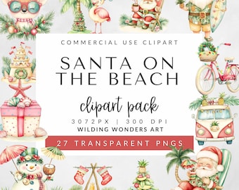 Santa on the Beach-clipartpakket voor commercieel gebruik, tropische kerst, zomervakantie, kustillustraties, digitale download, strandsanta png