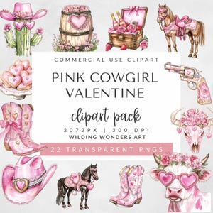 Pink Cowgirl Valentine Clipart Pack for Commercial Use, Retro Western Graphics, Cute Cowboy Cupid, Coquette VDay Png, Western Love Art