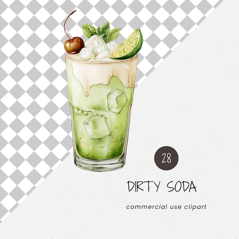 A watercolor-style dirty soda clipart pack featuring 28 unique drink and fruit illustrations. Includes a variety of colorful soda combinations with ice, cream, citrus, berries, and garnishes. Files are high-resolution 300 DPI PNGs with transparent backgrounds for easy layering and design use. Suitable for menus, party decor, invitations, digital products, and creative projects.