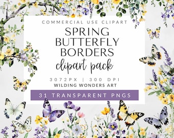Spring Butterfly Borders Clipart Pack for Commercial Use, Butterfly PNGs, Wildflower Images, Boho Floral Clipart, DIGITAL DOWNLOAD