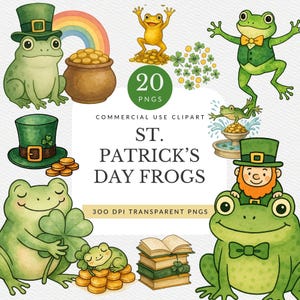 Paquete de imágenes prediseñadas de ranas del Día de San Patricio para uso comercial, gráficos de ranas de la suerte en acuarela, PNG de sublimación navideña (descarga digital)