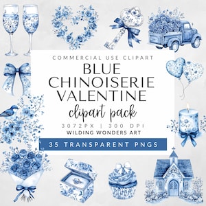 Pack de cliparts bleu chinoiseries pour la Saint-Valentin pour un usage commercial, toile design vintage, éléments floraux aquarelles, téléchargement numérique PNG