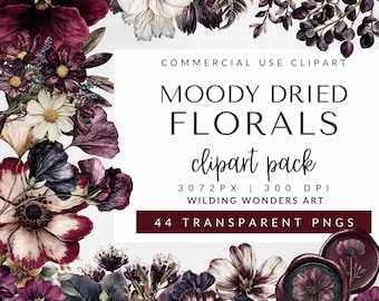 Moody getrocknete Blumen Clipart Pack für kommerzielle Nutzung, Aquarell Blume, Moody Blumen Clipart, Gothic Rose, Hochzeit Clipart, DIGITAL DOWNLOAD
