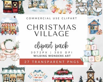 Christmas Village Clipart Pack for Commercial Use, Watercolor Christmas Storefronts, Cute Shop Clipart, Xmas Clipart Bundle, Winter Decor