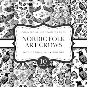 Nordic Folk Art Crows Seamless Pattern Pack for Commercial Use, Scandinavian Digital Paper, Winter Scrapbook Backgrounds (Digital Download)