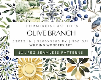 Olive Branch Seamless Pattern Backgrounds for Commercial Use, Mediterranean Tile, Watercolor Olive, Italian Wedding, DIGITAL DOWNLOAD