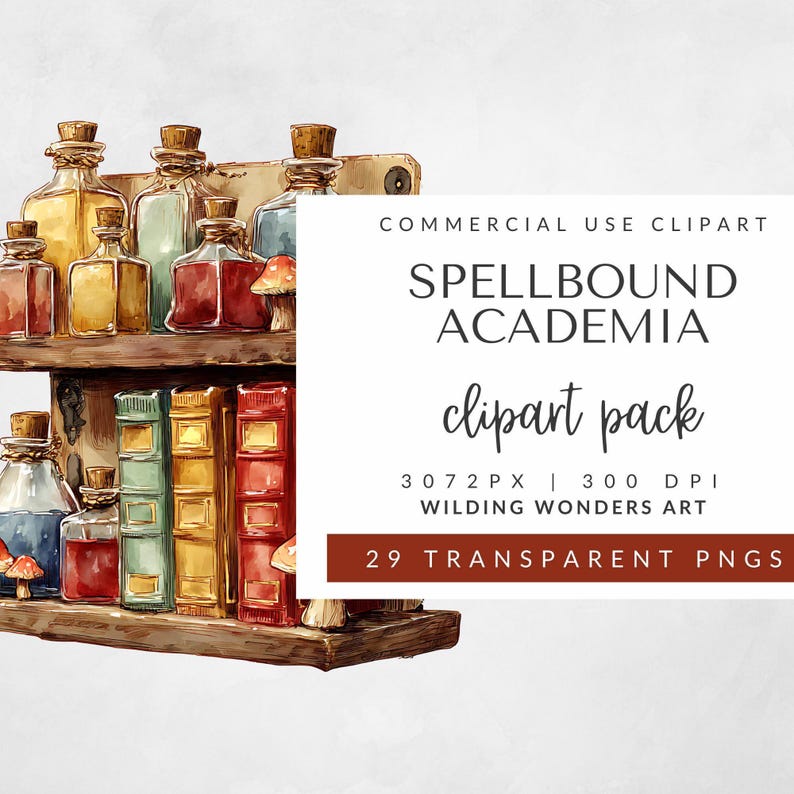 Watercolor potion bottles and vintage books on wooden shelf, part of Spellbound Academia clipart bundle for commercial use, ideal for dark academia digital designs, scrapbooking, fantasy crafting, and bookworm projects.