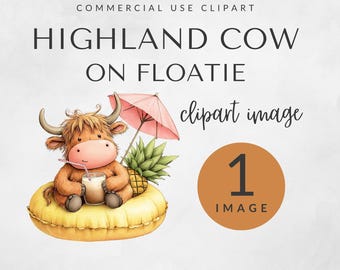 Highland Cow on Floatie Clipart, Summer Beach PNG, Highlander Cow Design (Digital Download)