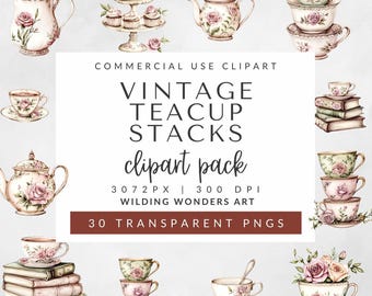 Vintage Floral Tea Cup Stacks Clipart Pack for Commercial Use, Watercolor Clipart, Tea Party, Rose Teacup Clipart, Lavender Teacup Stacks