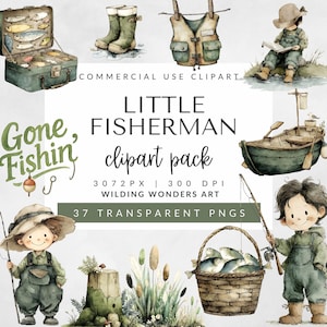 Watercolor Fishing Clipart: Little Fishers PNG, Kid Fishermen, Fishing Baby Shower Theme, Outdoor Party PNGs (Digital Download)
