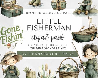 Watercolor Fishing Clipart: Little Fishers PNG, Kid Fishermen, Fishing Baby Shower Theme, Outdoor Party PNGs (Digital Download)