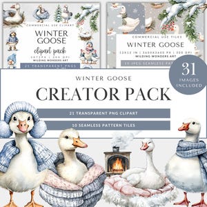 Winter Goose Creator Pack voor commercieel gebruik, Silly Goose-clipart, naadloos Cottagecore Goose-patroon (digitale download)