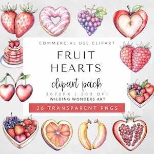 Pacote de clipart de frutas de coração para uso comercial, clipart de dia dos namorados, clipart de aquarela, frutas em formato de coração, clipart de aniversário, arte romântica
