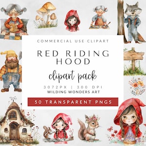 Paquete de imágenes prediseñadas de acuarela de Caperucita Roja para uso comercial, ilustraciones de cuentos infantiles, arte de cuentos de hadas, decoración de guardería, PNG