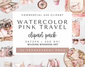 Travel Watercolor Pink Girly Clipart Pack for Commercial Use, Travel Itinerary Art Print, Vintage Feminine Icons, Chic, Transparent PNG
